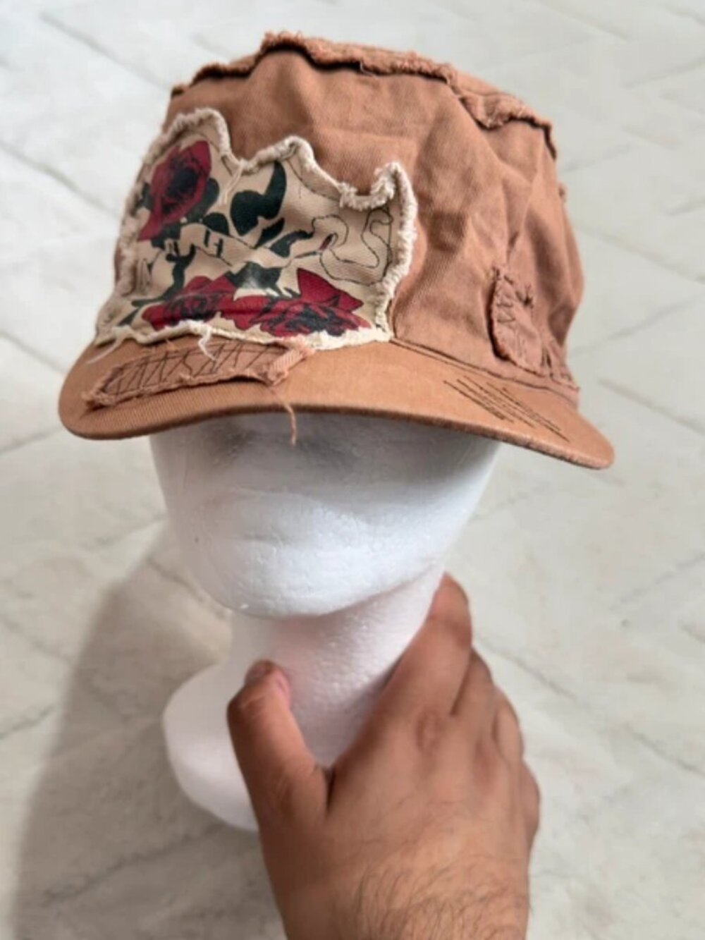 Vintage Brown Distressed Floral Rose Patch Military Cadet Cap Hat Y2K Grunge - Picture 2 of 5